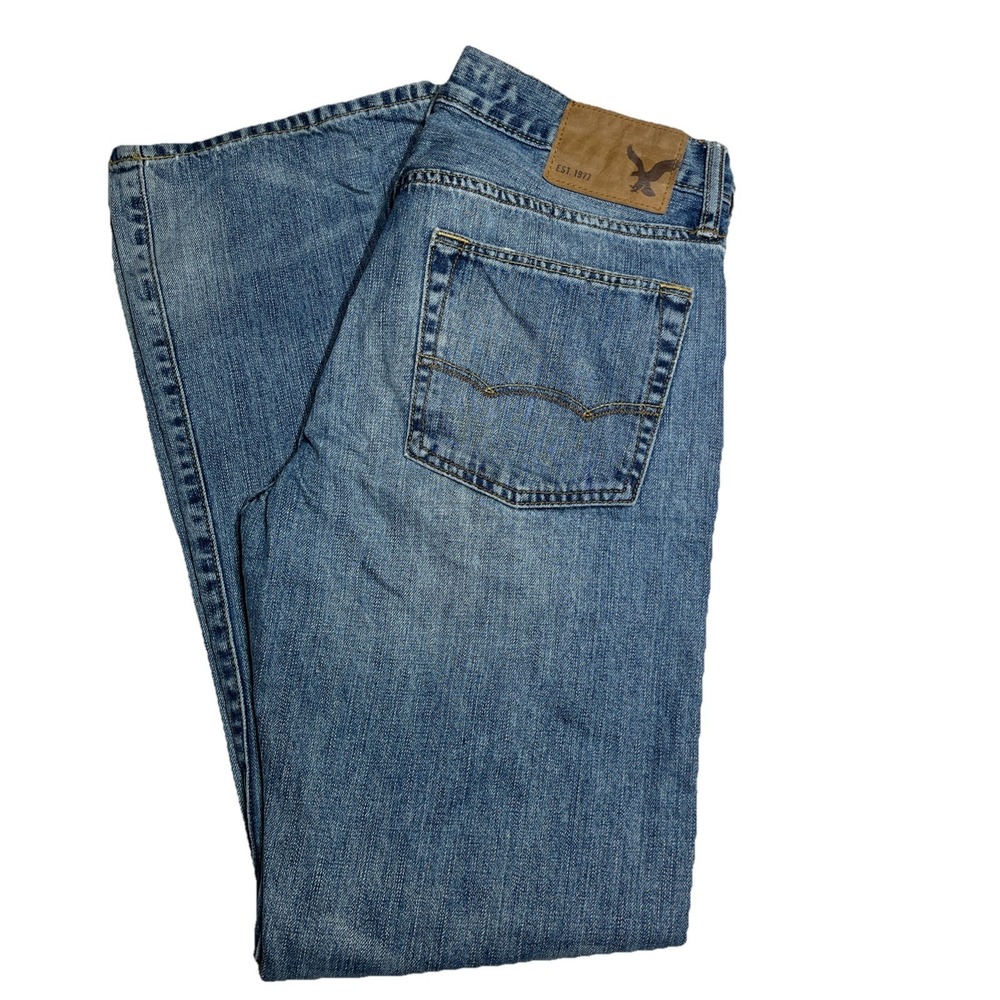 American Eagle Mens Jeans 30x32 Original Boot Blue Denim Whiskering Fits 31x30